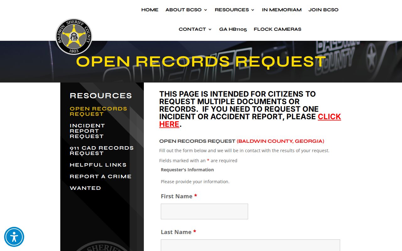 Baldwin County booking record open records request page