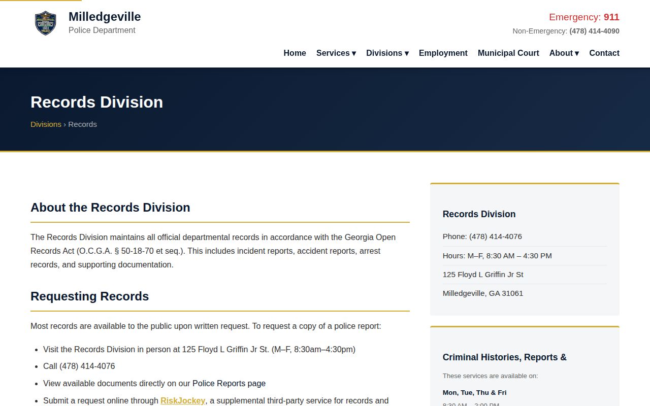 Baldwin County Milledgeville Police Department arrest records request page